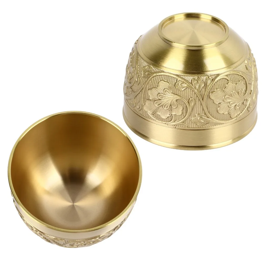 Solid Brass Drinking Tea Cup Relief Patterns Without Handle Water Offering Bowl 2 Pieces Set Retro European Style