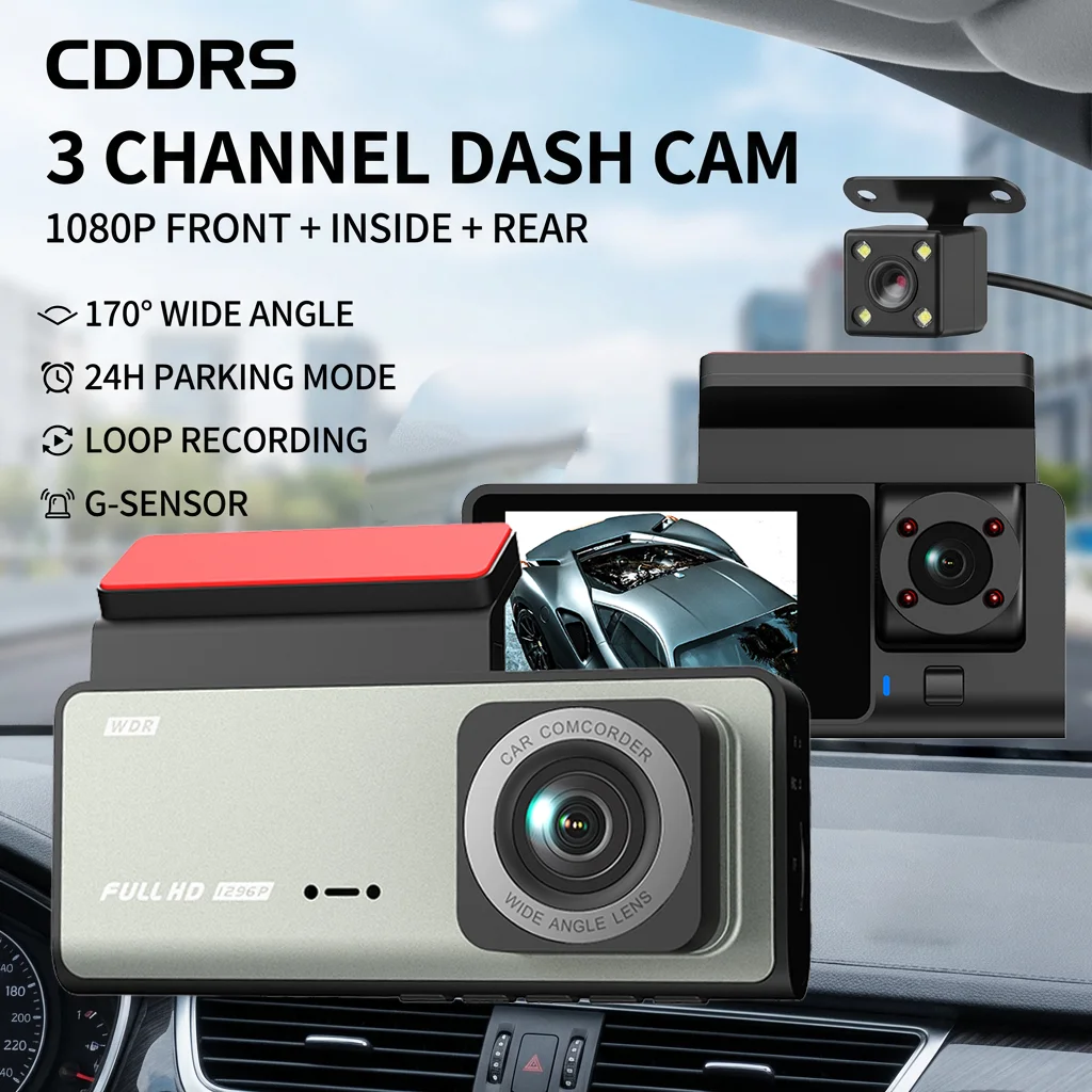 3 Channel Dash Cam 1080P Front Inside Rear Car Camera 2.0