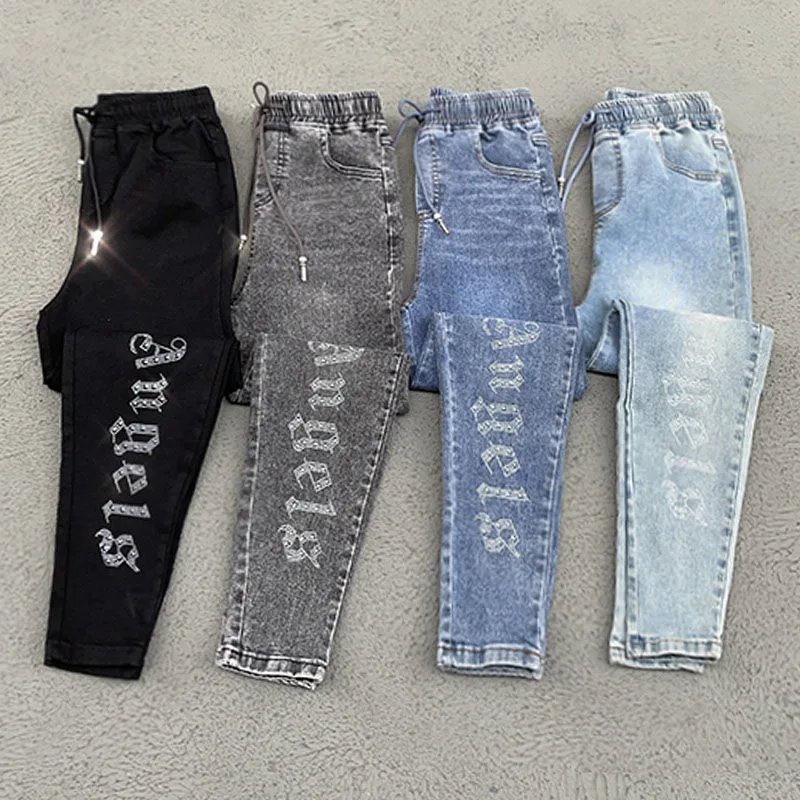 Rhinestones Elastic Waist Elastic Jeans Pencil Pants Spring Summer   Fashion Harem Denim Pants Female Korean Version High Waist
