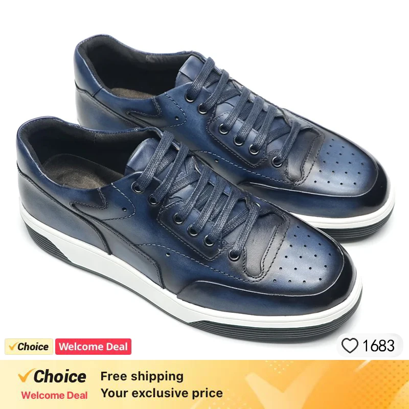 

2024 New Genuine Leather Casual Shoes for Men Sneakers Soild Blue Black Sports Style Carved Breathable Business Social Flat Shoe