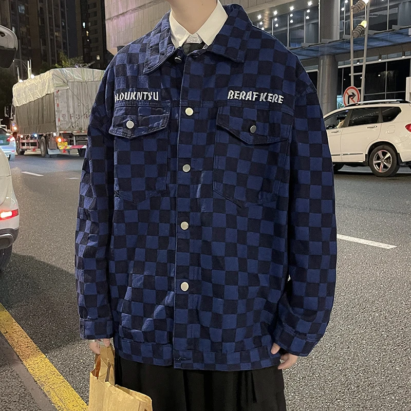 Mùa Xuân Mới Nam Tất Cả-Phù Hợp Với Áo Khoác Denim Nam Checkerboard Lớn Kích Thước Áo Rời Thời Trang Áo Khoác Denim