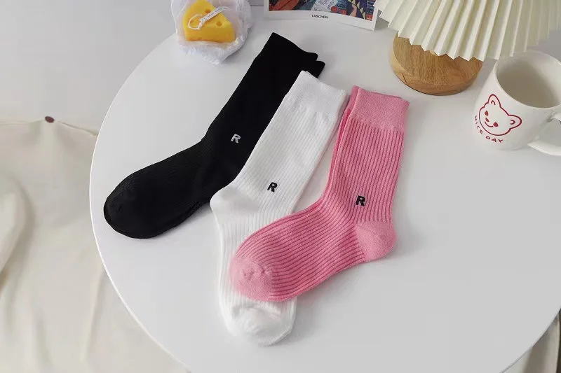 5Pairs Mixed Colors Letter R Series Socks For Women Solid Color Cotton Comfortable Women Socks Double Needle Knitted