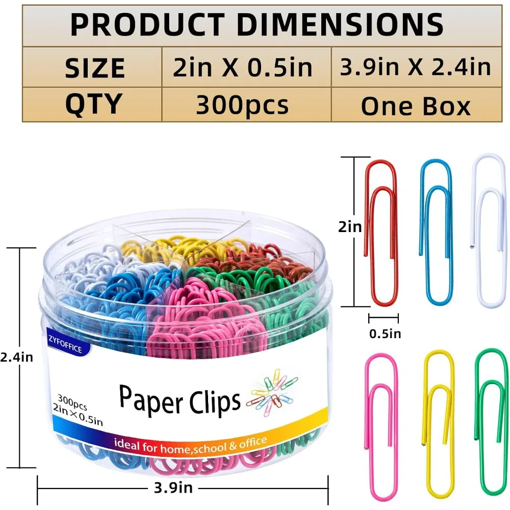 Jumbo Vinyl Coated Paper Clips 2 Inch 300PCS, Rust Proof Assorted Colors with Storage Box for Office School Home