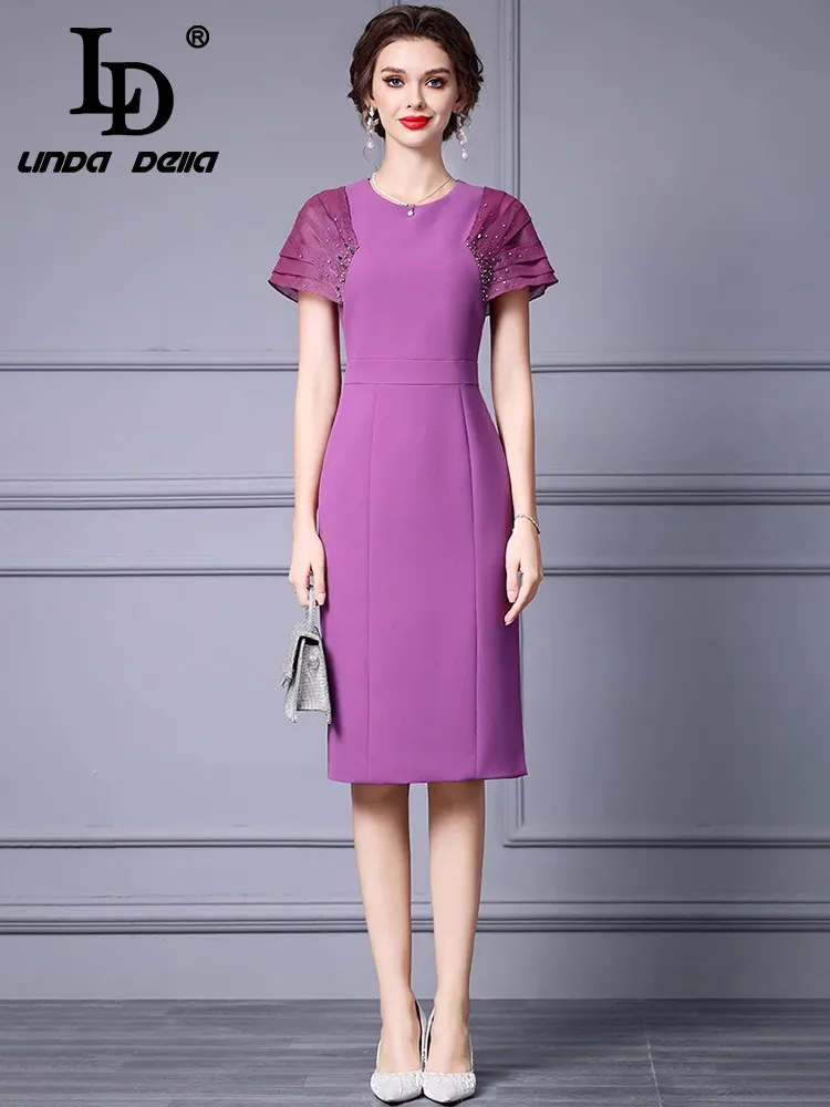 LD LINDA DELLA 2024 Summer Luxury Dress Women's Temperament Vintage Nail Bead Solid Color Buttock Covering Medium Length Dresses