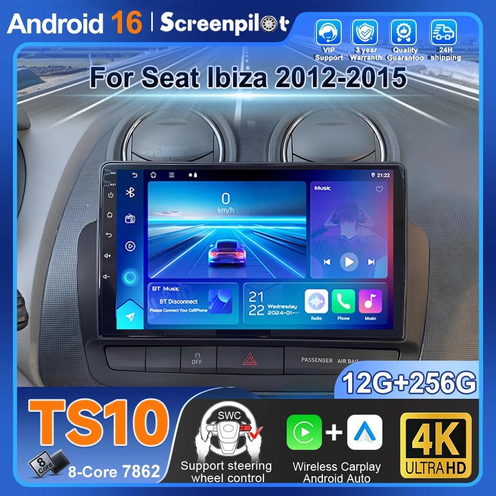 Para Seat Ibiza 2012-2015 Rádio Auto Android 16 Estéreo Multimídia Player GPS Navegação Carplay Tela Touch QLED Bluetooth GPS Veicular