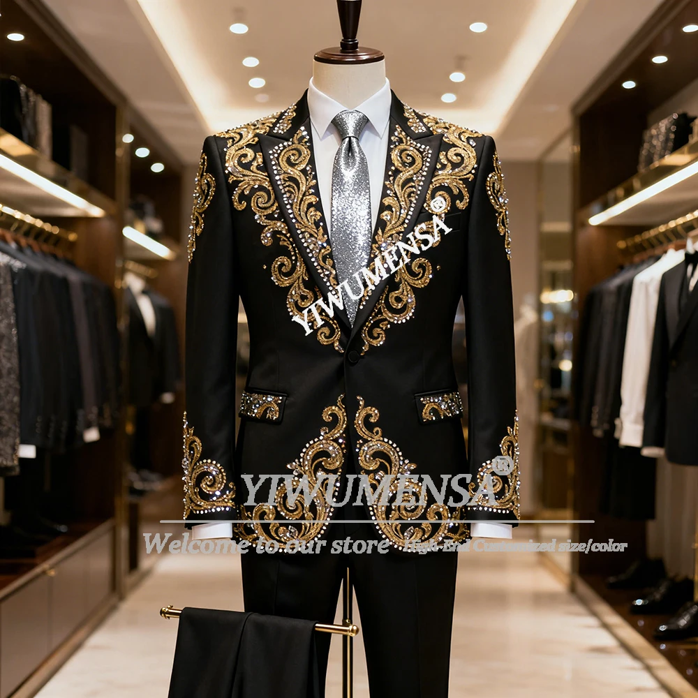 

Уникальный дизайн, мужские костюмы с кристаллами из бисера, свадебные смокинги для жениха, комплект из 2 предметов, мужские пиджаки для выпускного вечера, наряды для вечеринок, костюм Homme