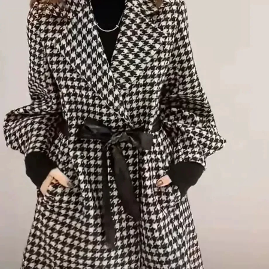 2023 nuove donne cappotto di lana moda di media lunghezza con cintura giacca a vento autunno inverno coreano Slim Bow Plaid giacca soprabito in lana