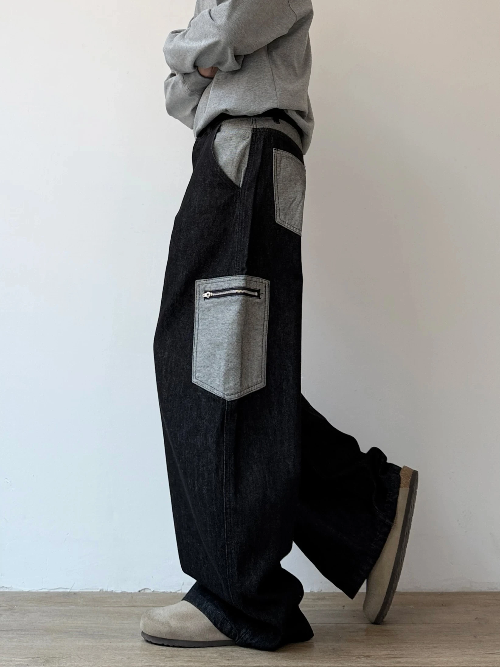 American Style Spliced Loose Wide Leg Jeans Men's Autumn Versatile Design Sense Knife  Workwear Long Pants Straight Tube