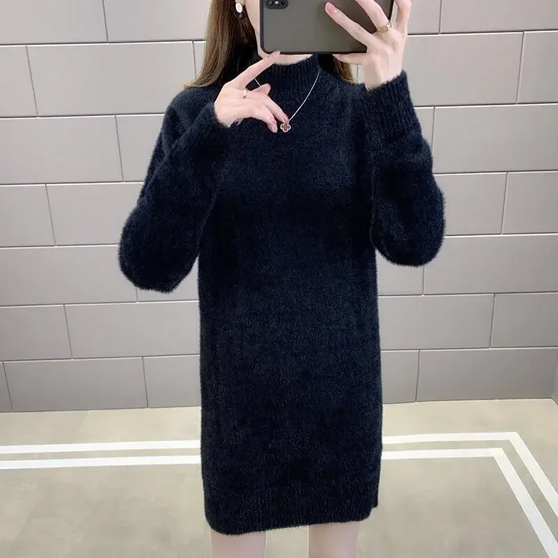 Średniej długości sweter z kaszmiru z norek damski wąski sweter z dzianiny jesienno-zimowa jednokolorowa półgolf z długim rękawem topy damskie