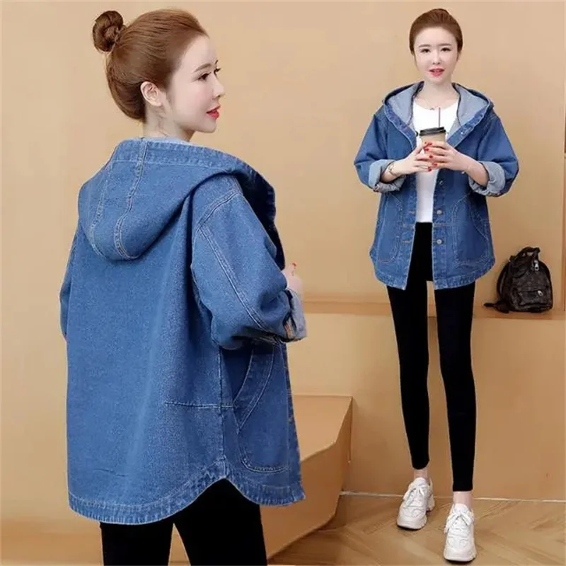 Jacket Women Spring Autumn 2024Cotton Long Denim Coat Korean Fashion Womens Hooded Outerwear Jeans Coat Loose Overcoat