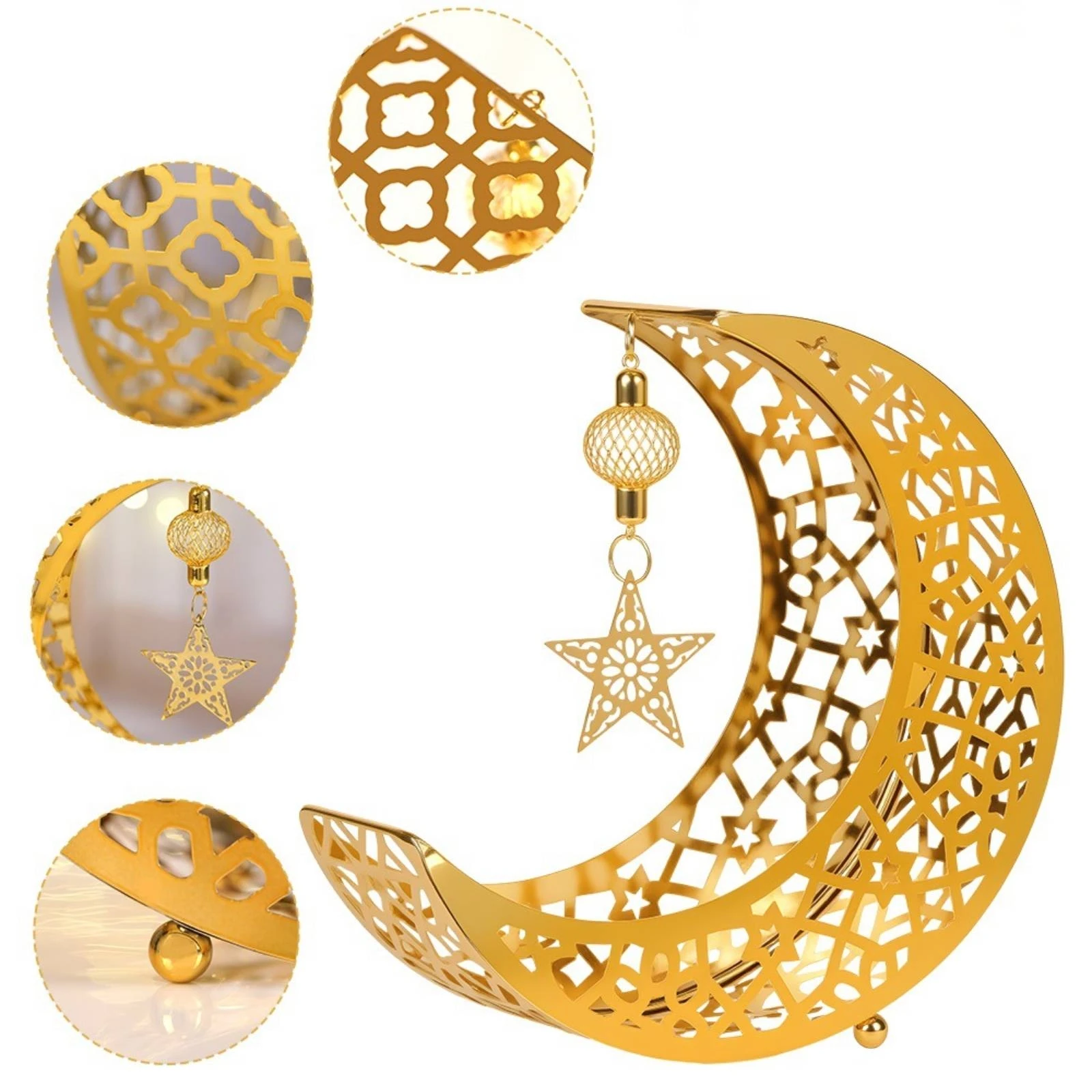 Moon Tray with Star Charm Geometric Display Holder Ornament Multipurpose for Ramadan, Eid