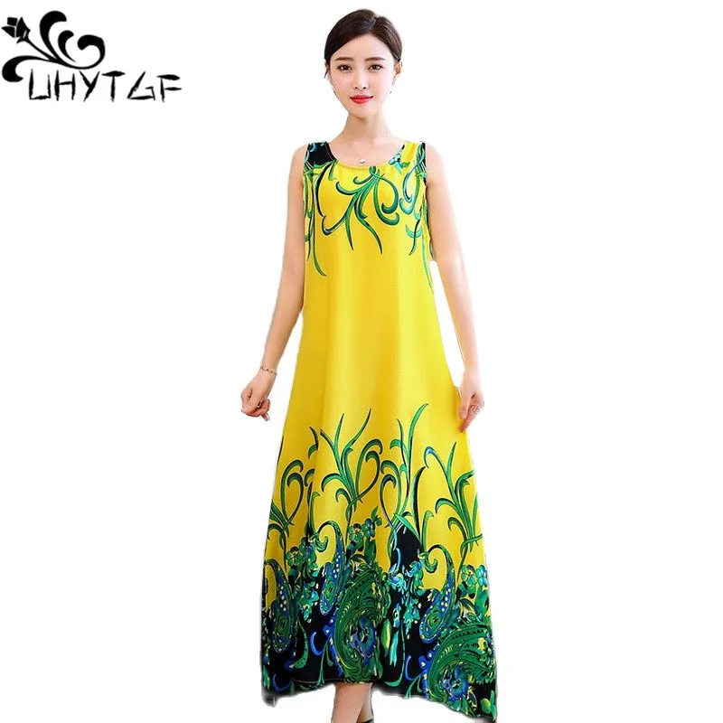 

UHYTGF Women Sleeveless Summer Nightdress Vintage Print Soft Cotton Silk Long Dress Female Sleepwear O-Neck Loose Nightgown 2363