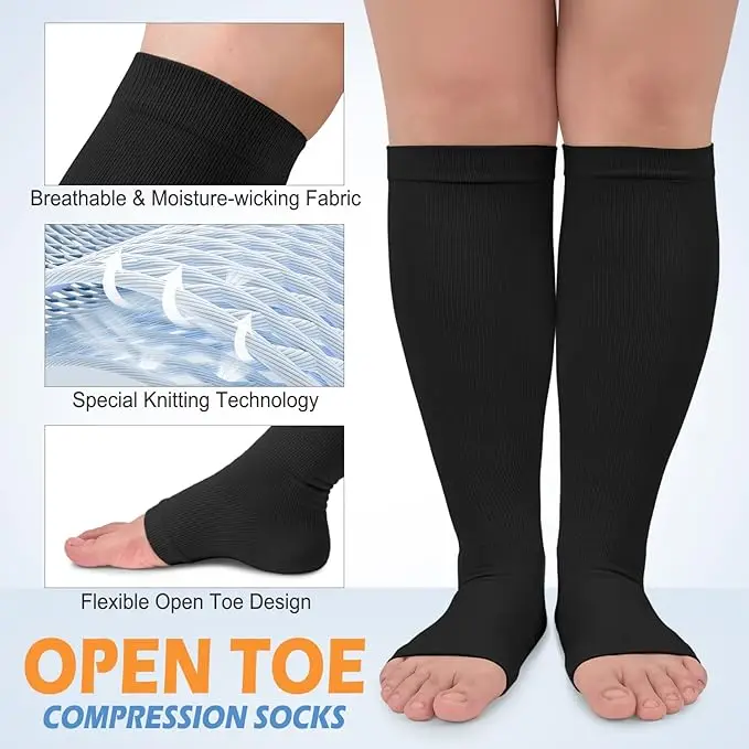 1 paio di calzini a compressione 2XL-7XL Plus Size Open Toe Compression donna e uomo 15-20mmHg calzino a compressione senza dita al ginocchio a