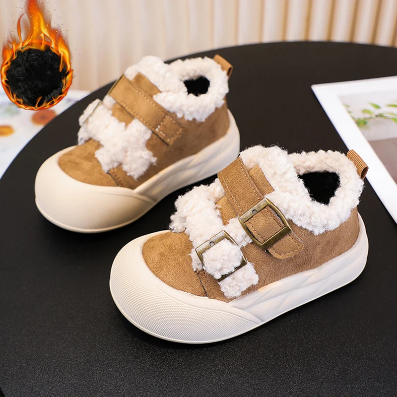 

Faux Fur Winter Boots For Children Korean Style Thick Warm Kid's Cotton Shoes Anti-slippery Teenager Boy's Girl's Cotton Shoes