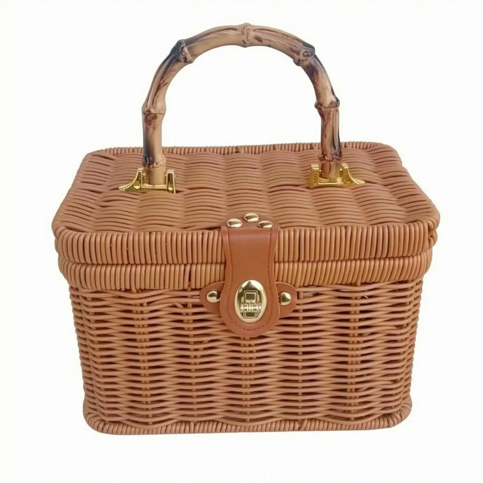 Rectangular Lidded Woven Basket Sturdy Top Handle Iron Frame Plastic Weave for Market Visits Fresh Produce Carrying