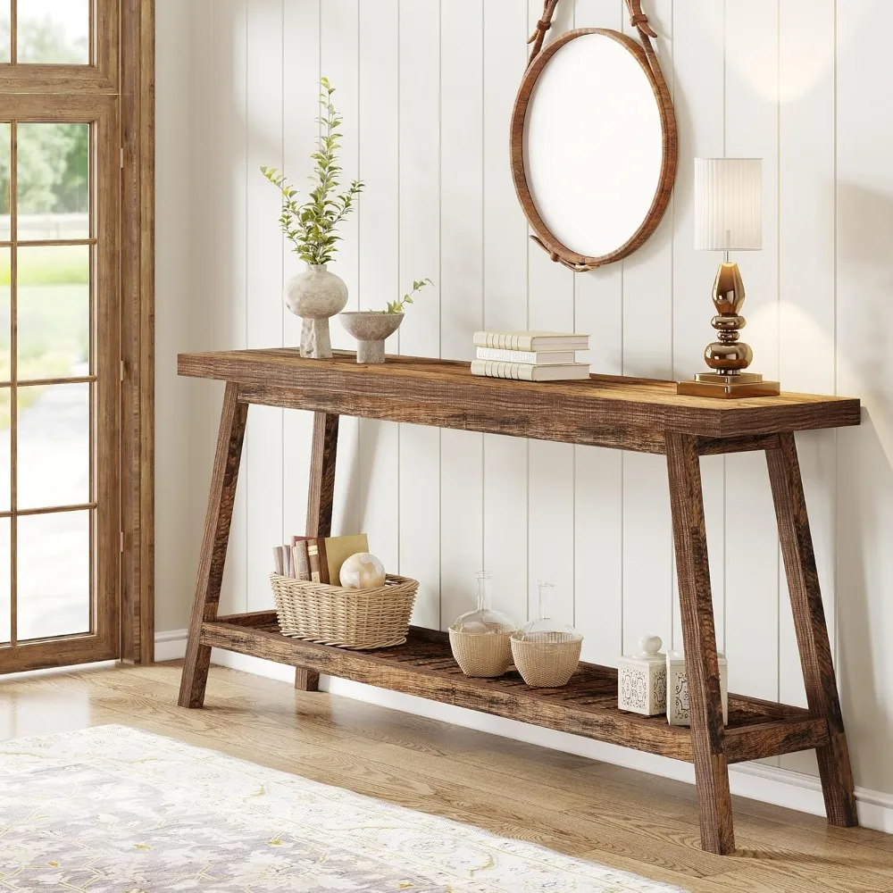 Farmhouse Console Entryway Table: 70.9 Inches All Wood Console Table for Entrance, 2 Tiers Narrow Long Behind Couch Sofa Table