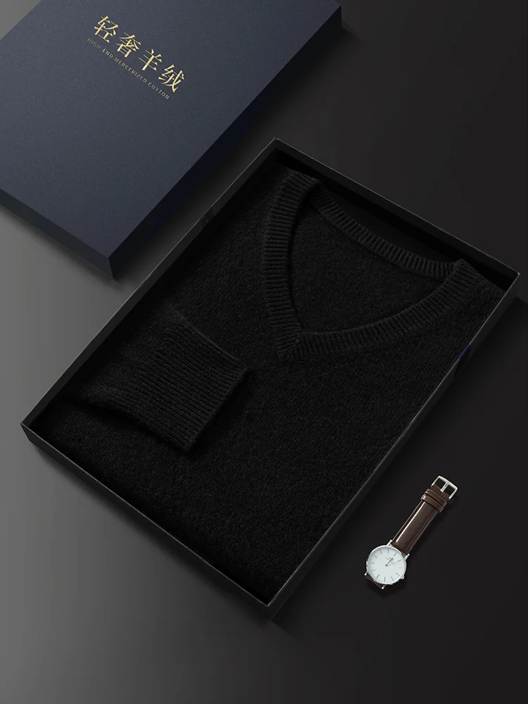 Men Pullover Sweater 100% Cashmere Sweater Basic Autumn Winter Warm Thick Knit V-Neck Clothes Casual Loose High-end Business Top
