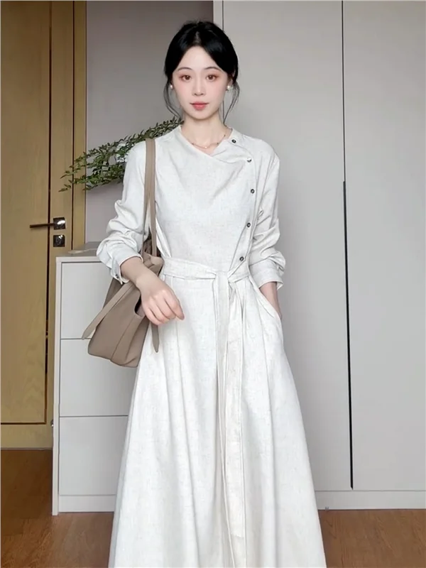 

Elegant Vintage Style A-Line Midi Dress Women's Fashion Autumn Spring High-End Feeling Lightweight Asymmetrical Waist-Cinchin...