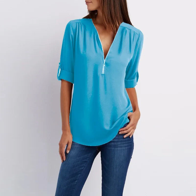 Women\'s Long Sleeve Chiffon Blouse, V-neck Top, Zipper, Casual, Loose, Solid, Sexy Clothes, 2024 New, 25811