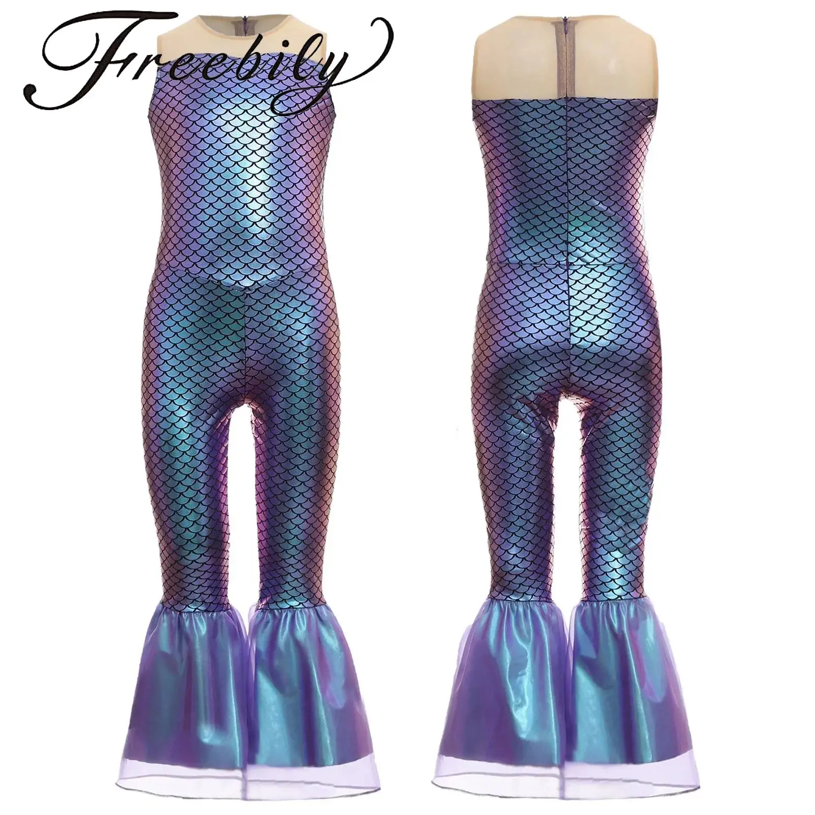 Kids Girls Fish Scales Jumpsuit Print Flared Mermaid Cosplay Costume Sleeveless Halloween Party Holiday Dress-up Costume
