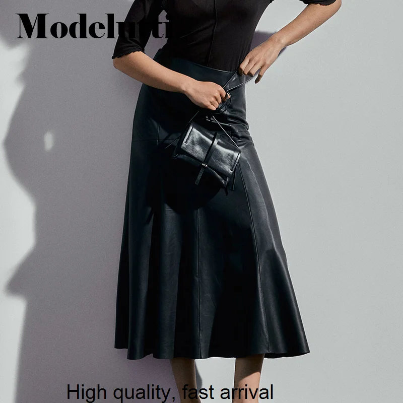 Autumn 2023 New Winter Fashion Women High Waist PU Leather Midi Skirt Slim Solid Elegant Simple Casual Bottoms Female