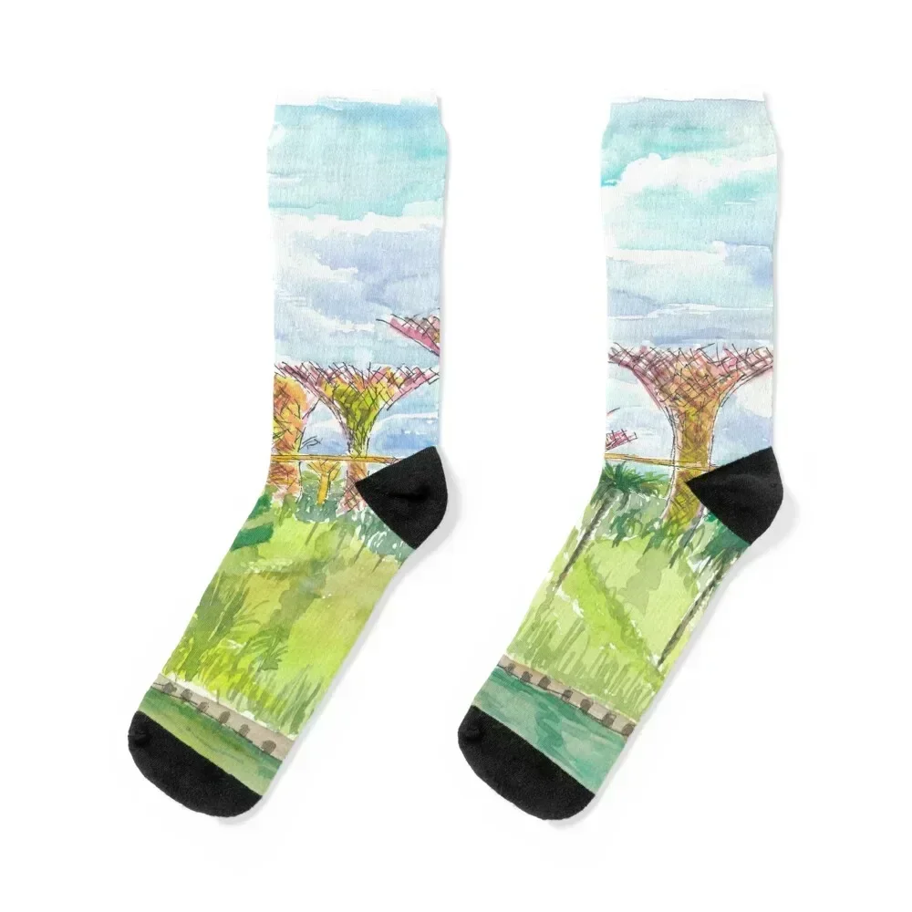 

Singapore Iconic Gardens with Palms and Supertrees in the Sun Socks custom Wholesale happy Women's Socks Men's