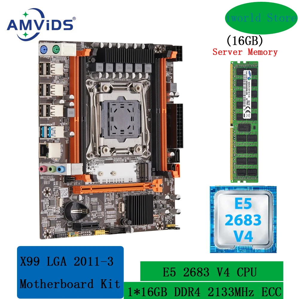 

AMViDS X99 Motherboard Kit Xeon with Intel E5 2683 V4 LGA 2011 V3 and 1*16GB DDR4 2133MHz RECC Memory Combo SATA USB M.2 NVME