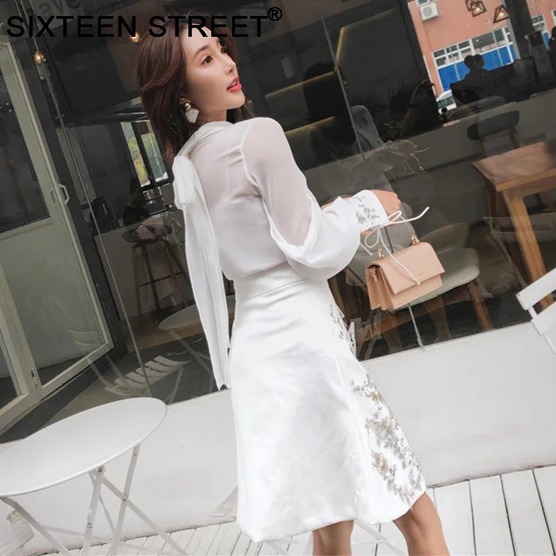 Elegant Blouse and Diamond Embroidery Skirts Woman 2 Piece Set Long Sleeve Bow Neck Evening Dress Sets Two Piece Suit Autumn