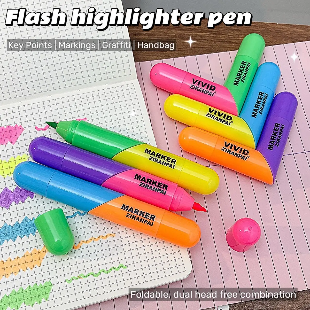 6PCS New Design Heart Shaped Glow Highlighters Dual Tip Foldable Fun Pens for Kids DIY Graffiti Notebook Highlighting