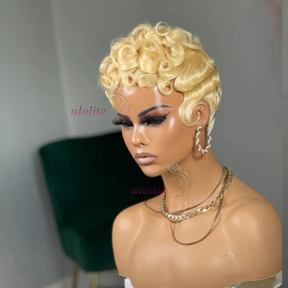 Deep Wave Perücke aus Echthaar 613 Honigblond Kurzer Pixie-Cut für Schwarze Frauen Vollständig Maschinell Gefertigte Lockige Perücken 613 Echthaar-Perücke – Detail 9