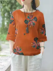 ZANZEA Women Retro 3/4 Sleeve Blouse Vintage Summer Floral Print Tops Holiday Tunic Korean Round Neck Shirt Casual Loose Blusas