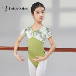 Girls Velvet Leotard Ballet Dance Top Children Printed Short Sleeve Pactice Dancewear Princess Korea Dress Up Stage Gymnastic