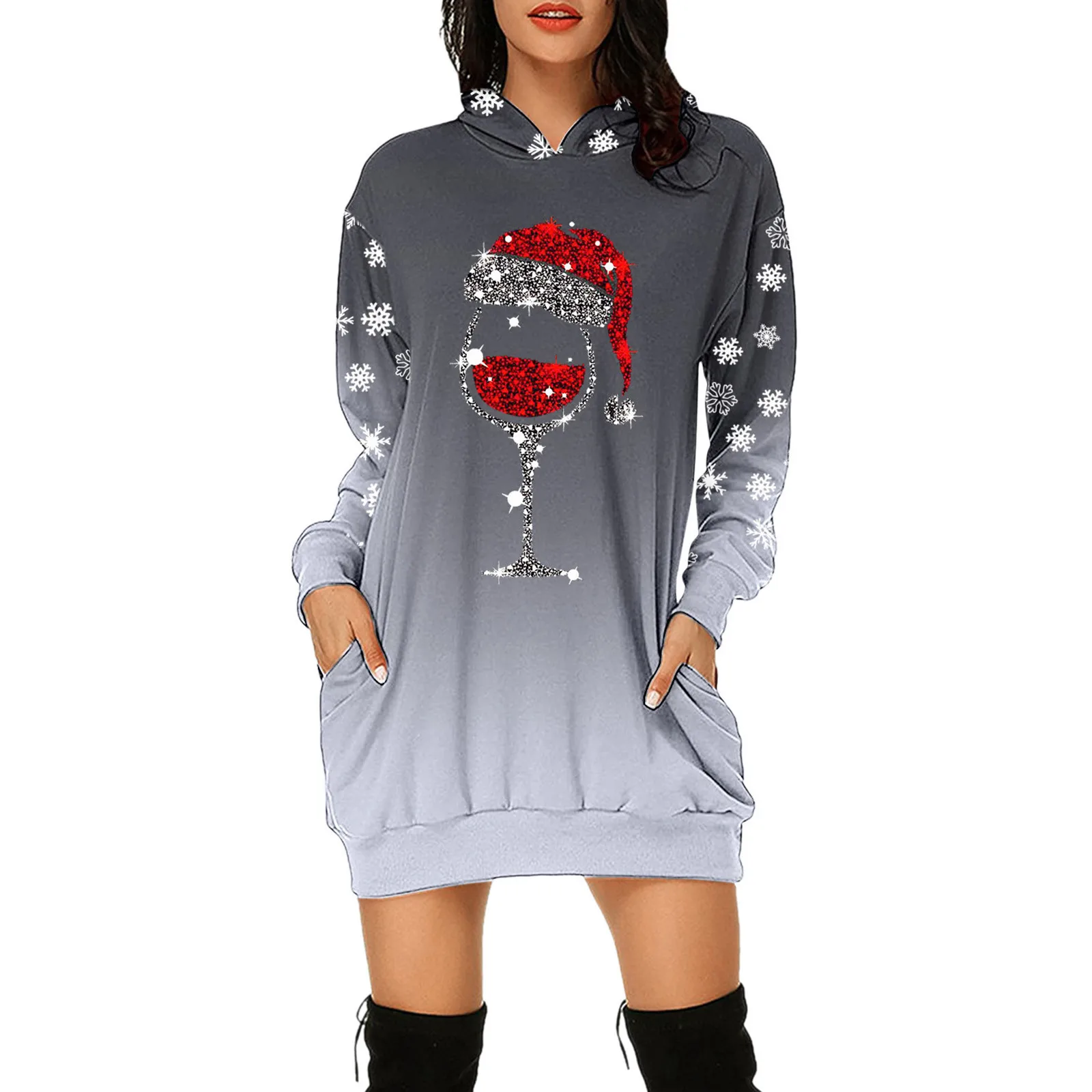 Ladies Fashion Women Christmas Red Wine Glass Sweatshirts Christmas Hat Print Winter Hoodies Female Long Sleeve Shirts Dresses