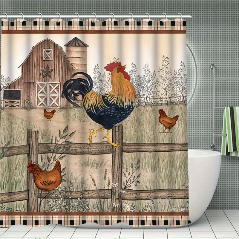 1/4pcs Fence & Rooster Printed Shower Curtain Set, Waterproof Bathroom Partition Curtain With Hooks, Non-Slip Bath Rug, Toilet U