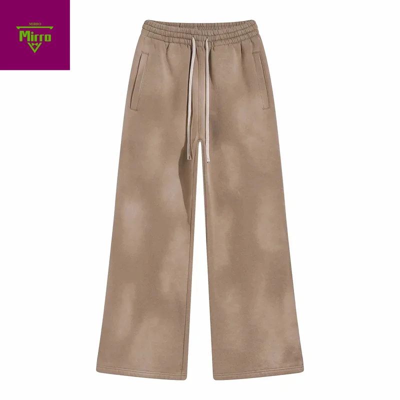 

Новинка зимы 2025 года, флисовые спортивные штаны, мужские брызги чернил, спрей, окрашивание, потертые широкие бегуны, мешковатые плюшевые штаны с шлифовальными краями