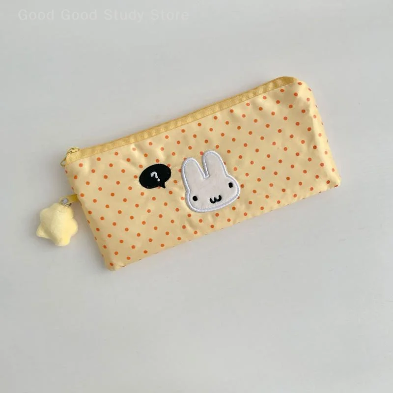 1Pc Cute Milk Yellow Polka Dot Rabbit Pencil Case Mesh Multilayer Pen Bag Large Capacity Stationery Bag For School