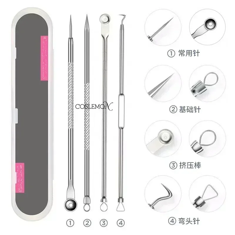 4pcs/set Blackhead Comedone Acne Pimple Needle Rose Gold Stainless Steel Blackhead Remover Spoon for Face Skin Care Tool