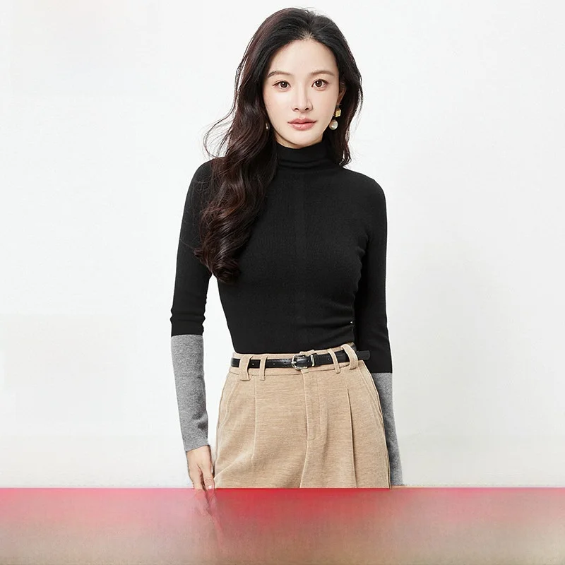 

High Elastic Long Sleeve Base Layer Sweater Women's 9Mei RU0H0030 Color Block Design Casual Style Winter Fashion Top