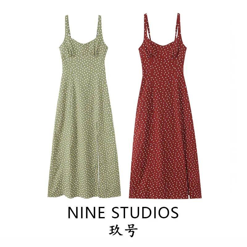 Ele High Waist Midi Dr Polka Dot Blend Slim Fit Kleid mit Riemen für Damen Frühling Sommer Herbst Faion Damen Dr