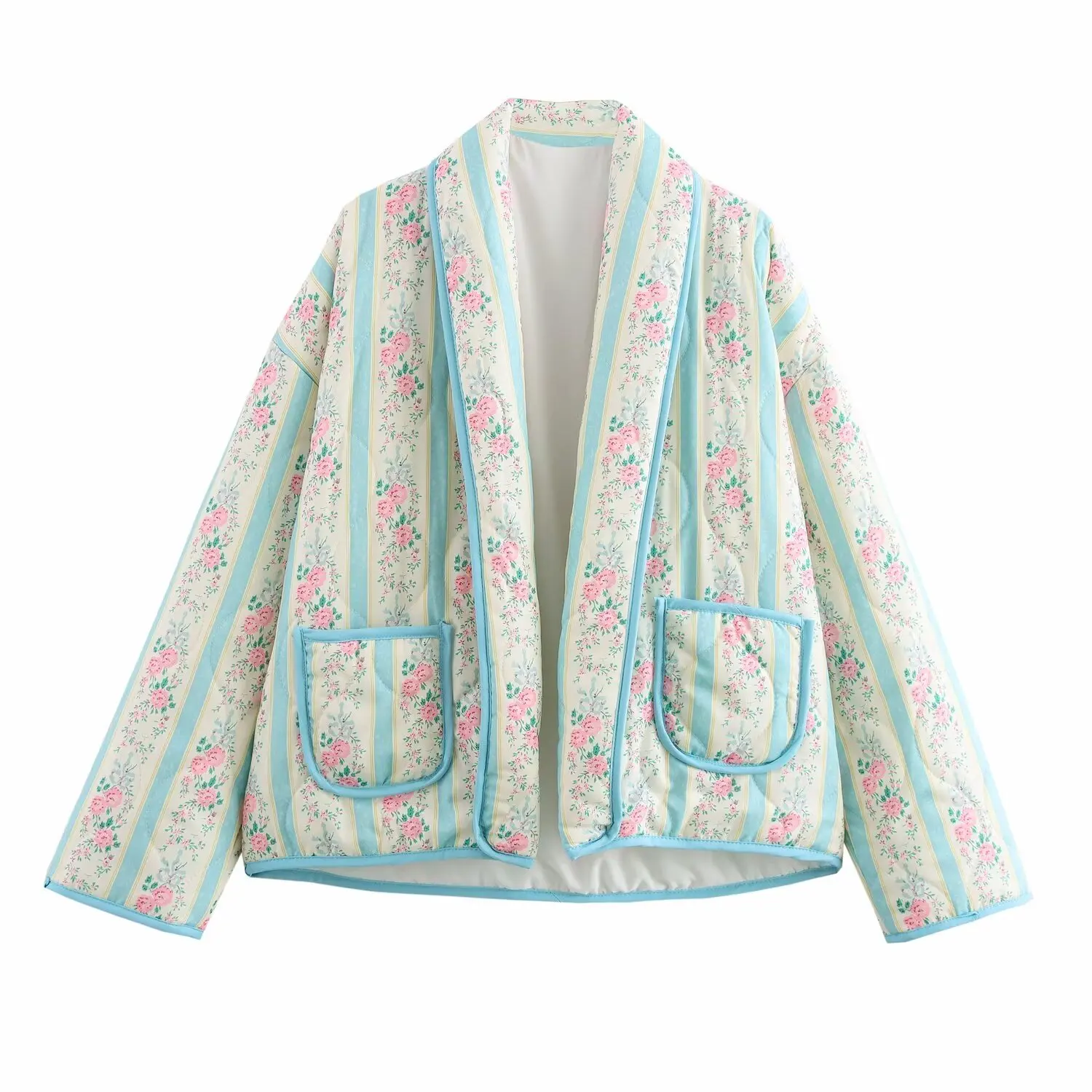 

ZAB Autumn New Women's Loose Unbuttoned Cotton Jaet with Tee-Color Stripe Print Street Sle Long Sve f Open Collar