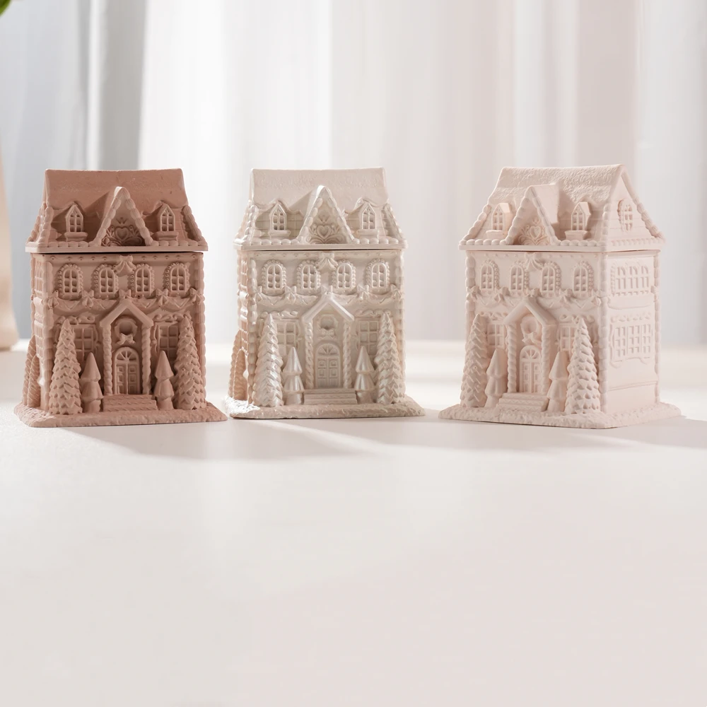 DIY Home Decoration Wax Melt Burner Plaster Storage Silicone Mould Gingerbread House Candle Jar Concrete Silicone Mold with Lid