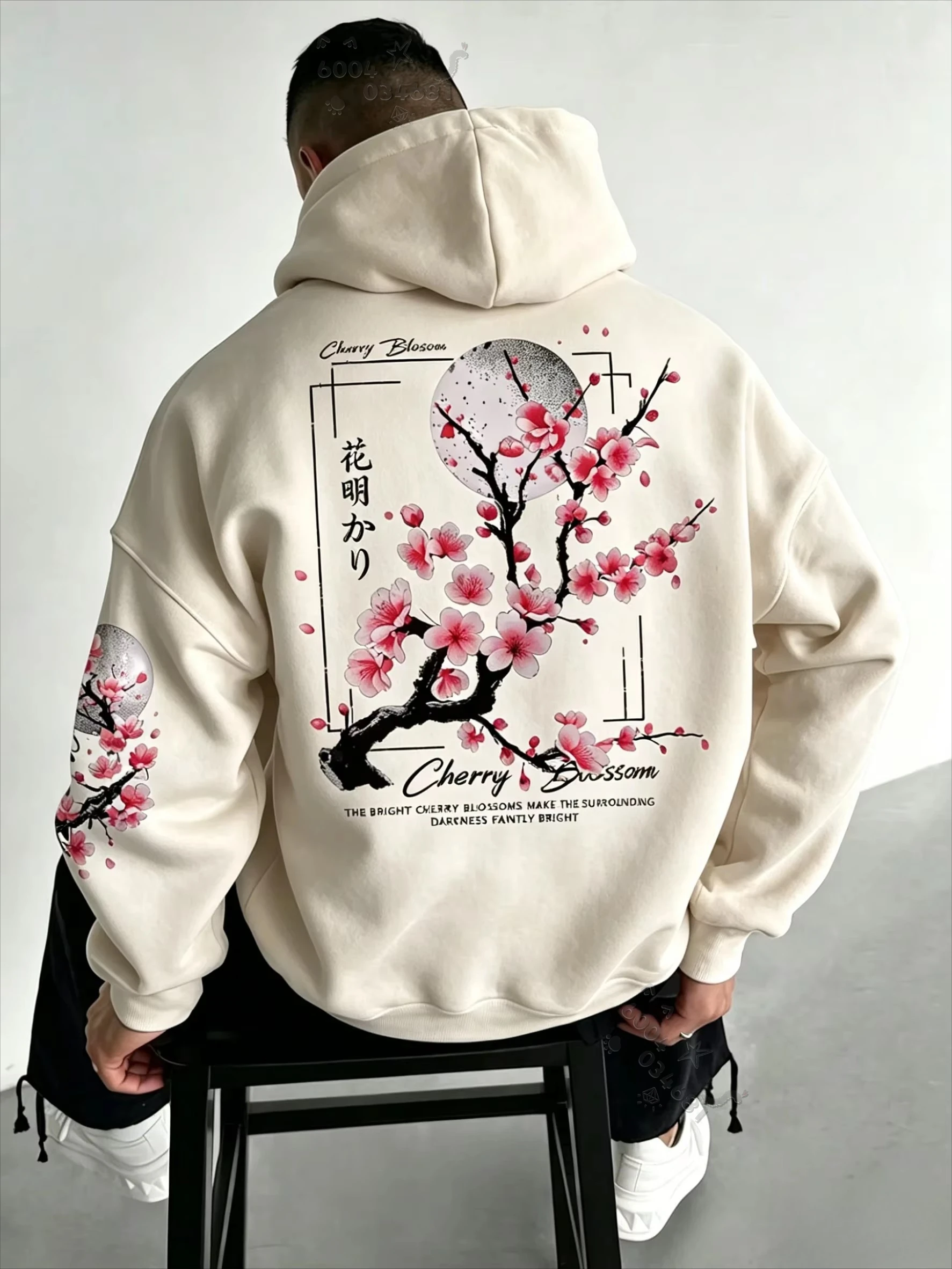 Japanese-style men's retro street hooded sweatshirt with cherry blossom floral print, long-sleeved loose turtleneck top