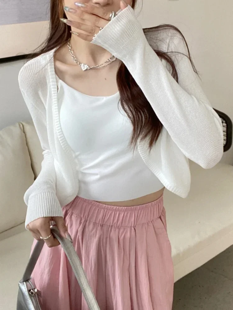 Cardigan branco fino feminino verão protetor solar rendas malhas topos senhora estilo coreano casual manga longa curto sol protegido topo