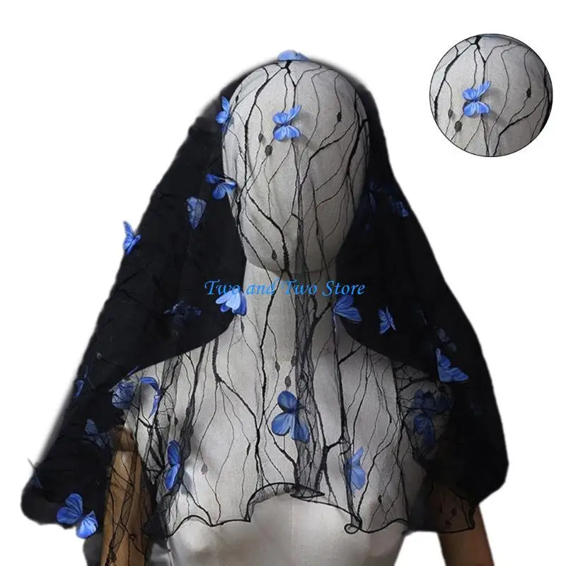 

HX6F Bride Veil Butterfly Veil Head Covering Wedding Hair Sheer Dark Wedding Veil Headscarf Mantilla Veil Photo Props