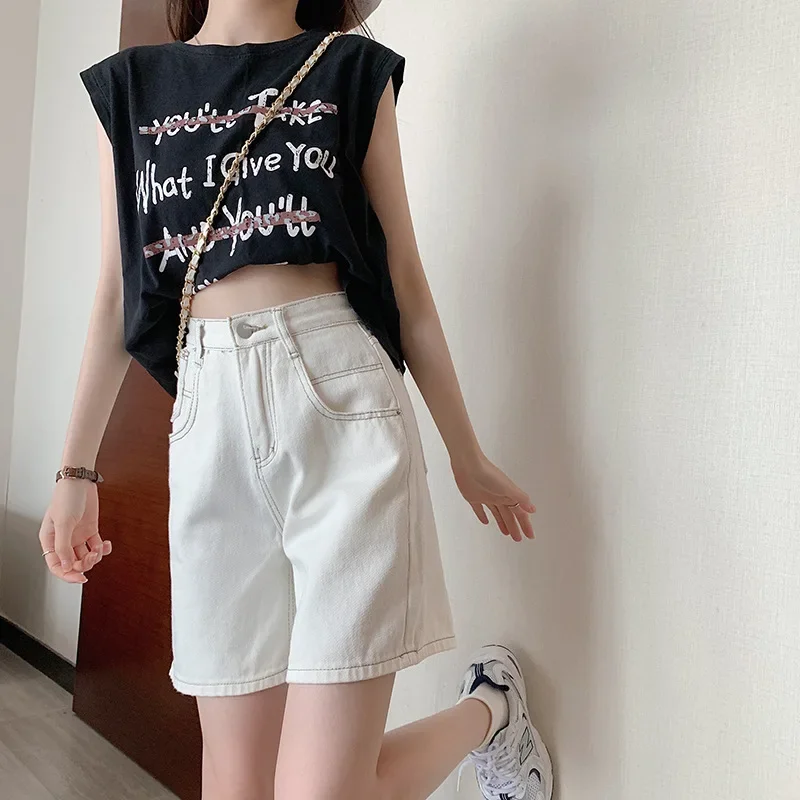 Summer Women Fashion Light Blue Wide-Leg Hot Shorts White Plus Size Casual Straight Jeans High Waist Slim A-Line Denim Shorts