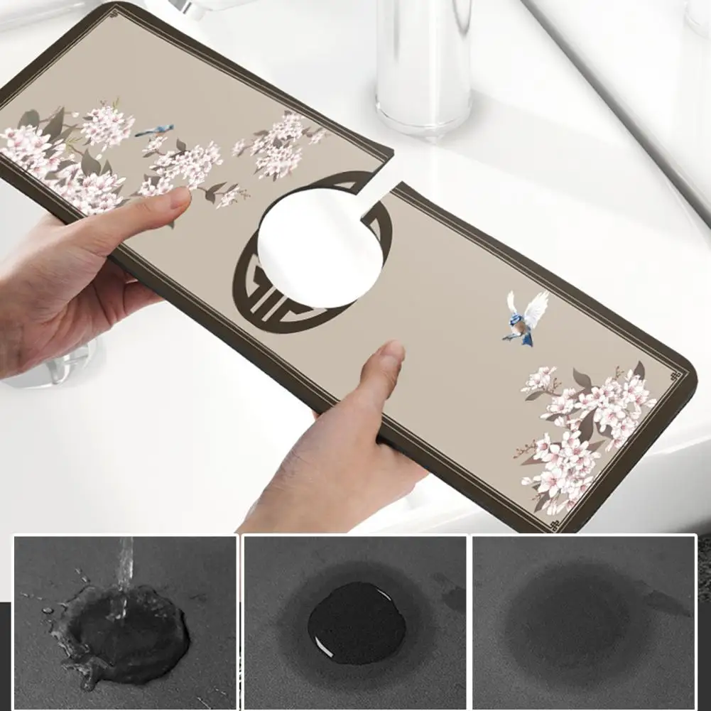 Easy to Install Faucet Draining Mat Super Absorbent Chinese Floral Print Diatom Mud Faucet Draining Mat Quick for Bathroom