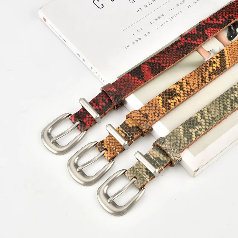 Western Snake Pattern Design Cowhide Leather Thin Women Belt Silver Pin Buckle Sknny Belt With Jeans Dress