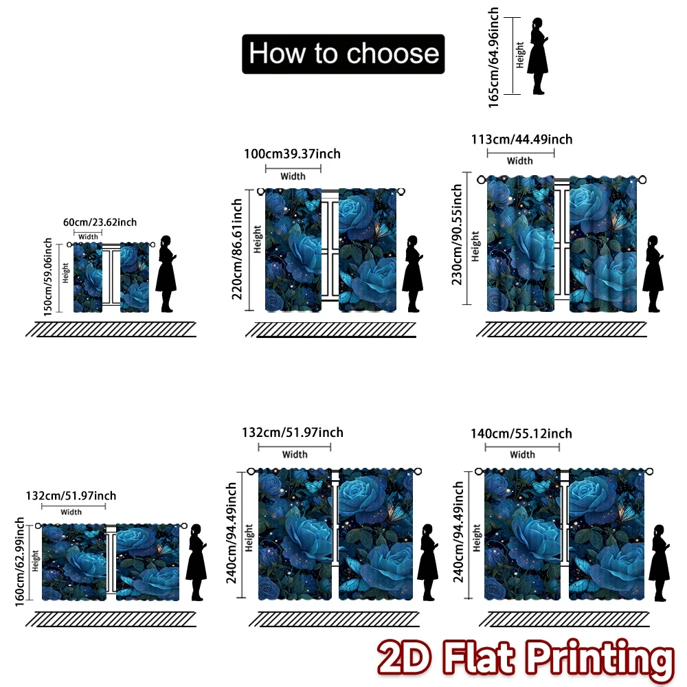 2D FLAT PRINTING 2pcs Curtains (Without Rod) Blue Roses and Butterflies Fashionable Modern Curtains Yarn Curtains Gifts Suitable