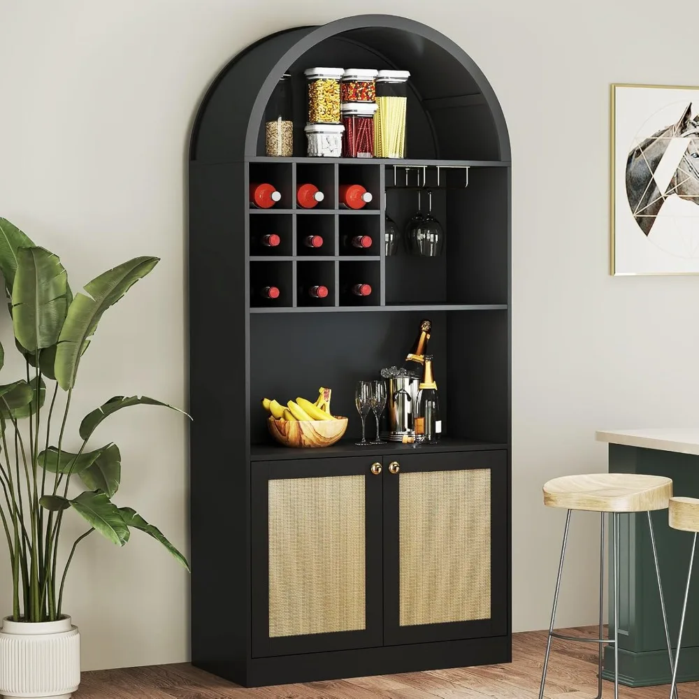 

71" Arched Bar Cabinet with Wine Rack & Glass Holder, Farmhouse Wine Storage Cabinet with Open Shelves & Doors, Arch Bookshelf