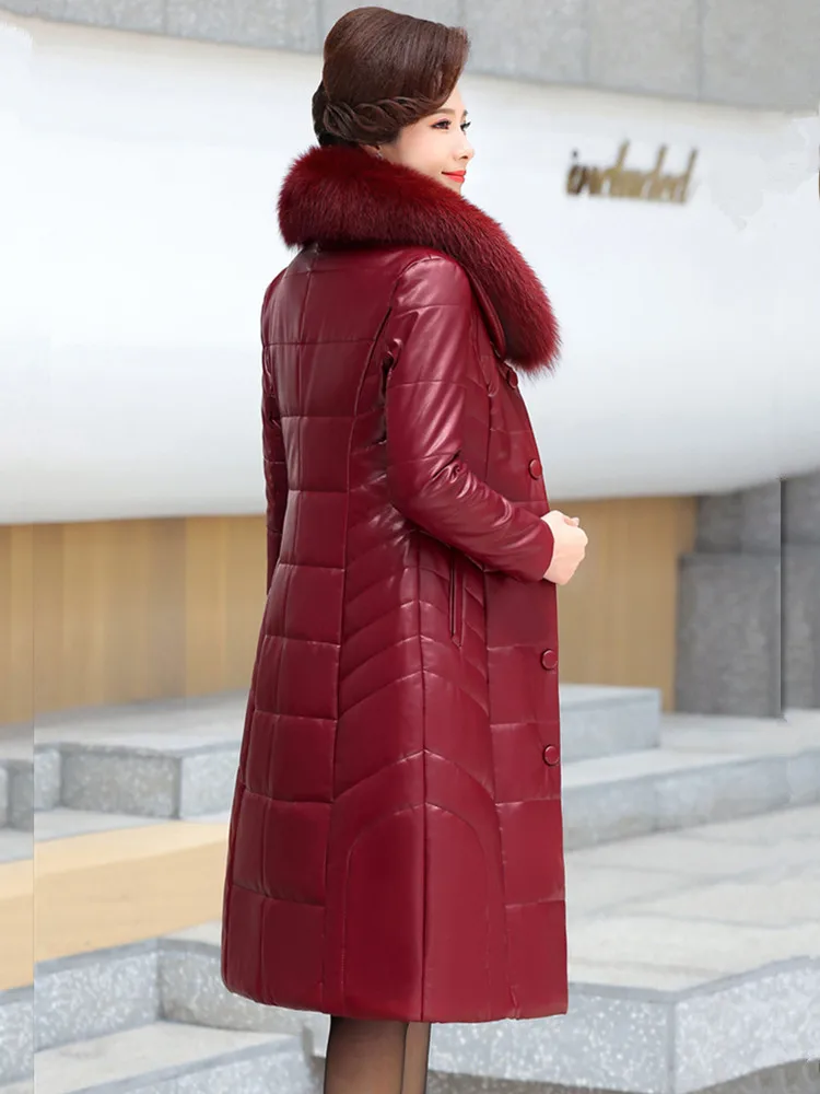 M-7XL Women Long Leather Coat Winter Fashion Mother Padded Outerwear Thick Warm Fur Collar Camel Fleece Filling Overcoat Female